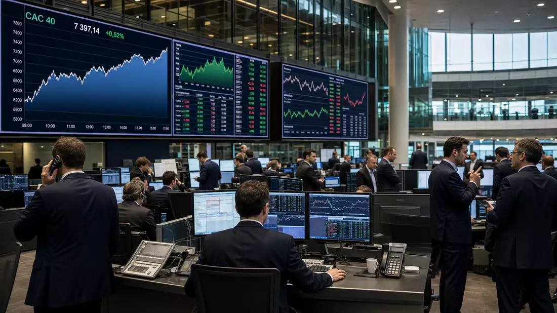 Trader an Bildschirmen vor großen CAC 40 Kurscharts im Handelsraum der Börse