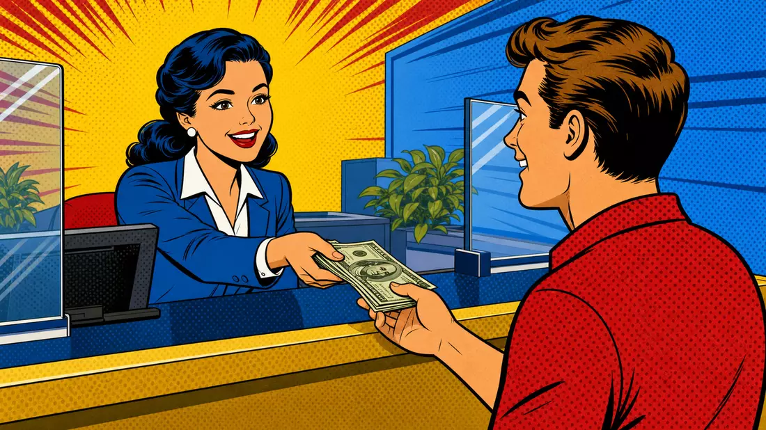 Pop-Art-Comic zeigt lächelnde Bankangestellte, die einem Kunden Bargeld überreicht