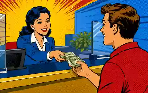 Farbenfrohe Pop-Art-Comicszene am Bankschalter verbildlicht Crédit Agricole S.A. FR0000045072 mit freundlichem Kundenservice im klassischen Retro-Comicstil - Foto: THN