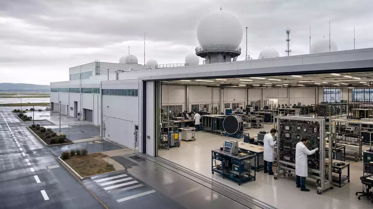 Fotorealistische Fertigungsanlage für Luftfahrtelektronik mit Radarkuppeln auf dem Dach