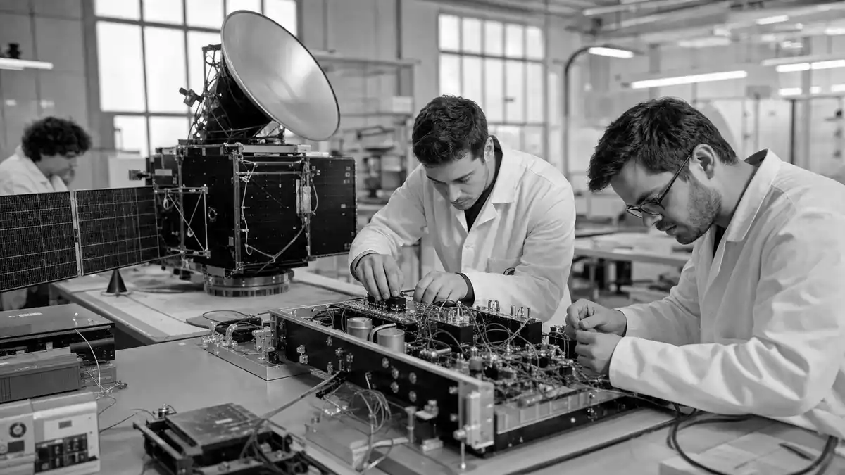 Schwarzweiß-Reportage: Ingenieure montieren ein Satellitenkommunikationssystem im Labor