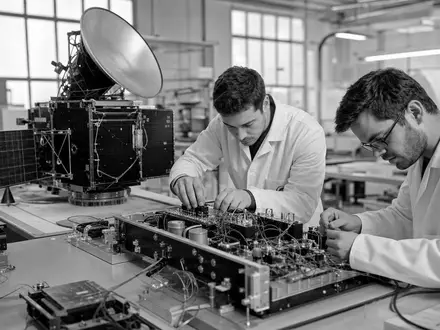 Schwarzweiße Reportage-Aufnahme dokumentiert Ingenieure bei Thales S.A. FR0000121329 während der Montage komplexer Satellitenkommunikationssysteme - Foto: THN