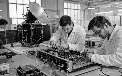 Schwarzweiße Reportage-Aufnahme dokumentiert Ingenieure bei Thales S.A. FR0000121329 während der Montage komplexer Satellitenkommunikationssysteme - Foto: THN