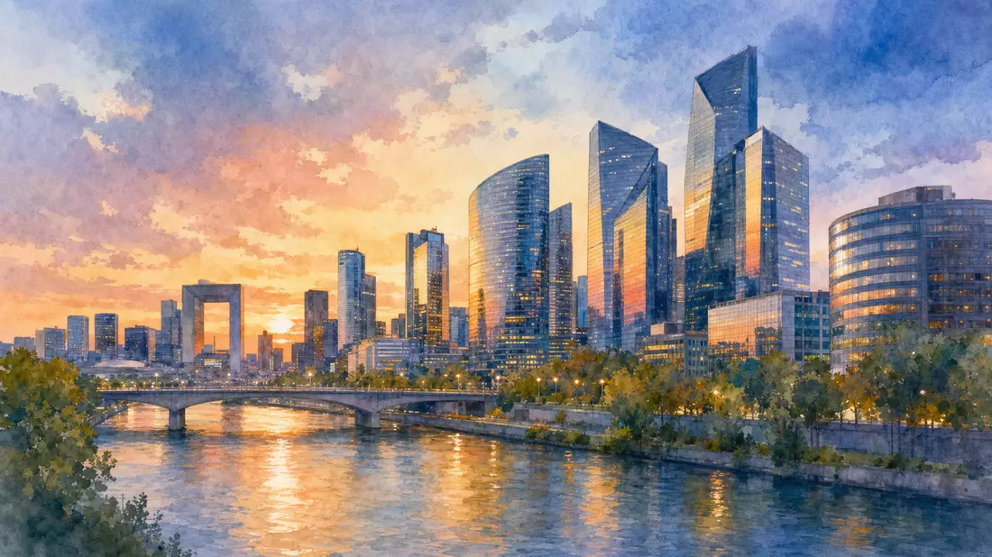 Aquarellmalerei der Pariser La-Défense-Skyline mit Glastürmen im warmen Abendlicht