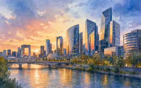 Zartes Aquarellbild der Pariser Bürolandschaft symbolisiert den Hauptsitz von Thales S.A. FR0000121329 im Abendlicht - Foto: THN