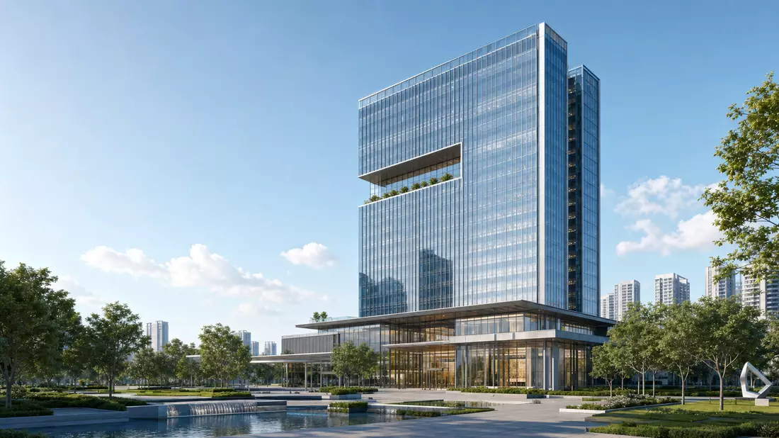 3D-Architekturvisualisierung eines modernen Glas-Hochhauses mit begrünter Plaza davor