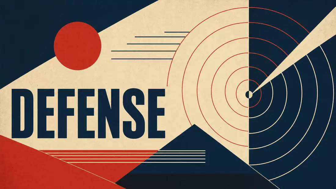 Bauhaus-Poster mit geometrischen Formen, Radarwellen-Motiv und Schriftzug DEFENSE in Rot-Blau