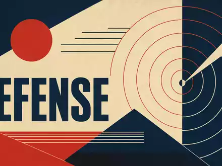 Geometrisches Bauhaus-Poster mit Radar-Motiv und Sektor-Schriftzug DEFENSE steht sinnbildlich für Thales S.A. FR0000121329 - Foto: THN