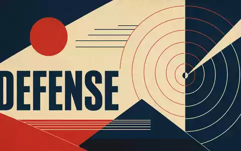 Geometrisches Bauhaus-Poster mit Radar-Motiv und Sektor-Schriftzug DEFENSE steht sinnbildlich für Thales S.A. FR0000121329 - Foto: THN