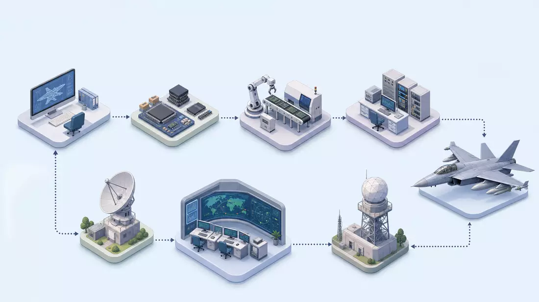 Isometrische 3D-Illustration der Wertschöpfungskette mit Fabrik und Radarturm