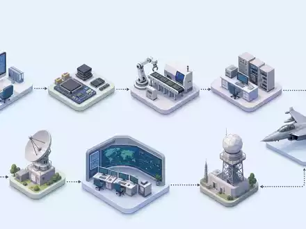 Isometrische 3D-Grafik zeigt die Wertschöpfungskette der Luft- und Verteidigungstechnik von Thales S.A. FR0000121329 - Foto: THN
