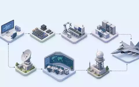Isometrische 3D-Grafik zeigt die Wertschöpfungskette der Luft- und Verteidigungstechnik von Thales S.A. FR0000121329 - Foto: THN
