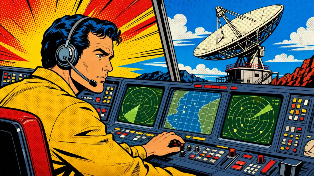 Pop-Art-Comic zeigt Techniker an Radarkonsole mit Satellitenschüssel im Hintergrund