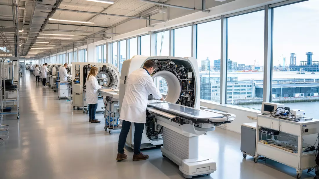 Fotorealistische Fertigungshalle für Medizintechnik mit Ingenieuren an Scanner-Geräten