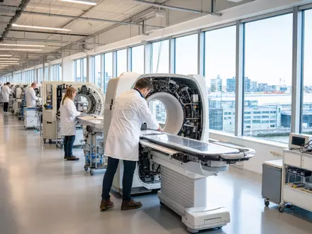 Koninklijke Philips N.V. (NL0000009538) zeigt moderne Medizintechnik-Fertigung mit Ingenieuren an High-Tech-Scanner-Anlagen in heller Halle - Foto: THN