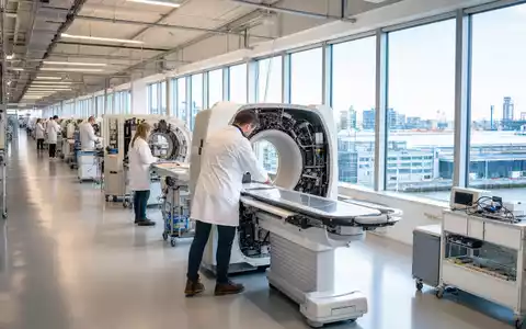 Koninklijke Philips N.V. (NL0000009538) zeigt moderne Medizintechnik-Fertigung mit Ingenieuren an High-Tech-Scanner-Anlagen in heller Halle - Foto: THN