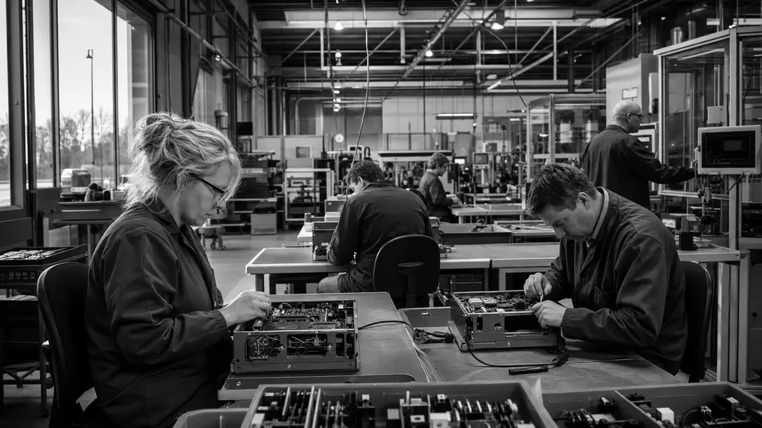 Schwarzweiß-Reportagefoto von Arbeitern beim Zusammenbau elektronischer Geräte
