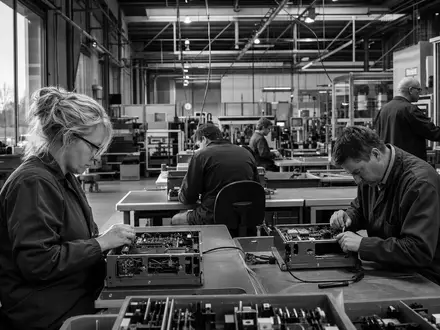 Koninklijke Philips N.V. (NL0000009538) dokumentiert in Schwarzweiß Arbeiter beim Zusammenbau elektronischer Geräte in niederländischer Fabrikhalle - Foto: THN