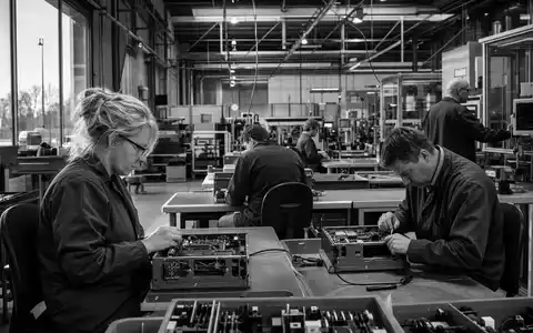 Koninklijke Philips N.V. (NL0000009538) dokumentiert in Schwarzweiß Arbeiter beim Zusammenbau elektronischer Geräte in niederländischer Fabrikhalle - Foto: THN