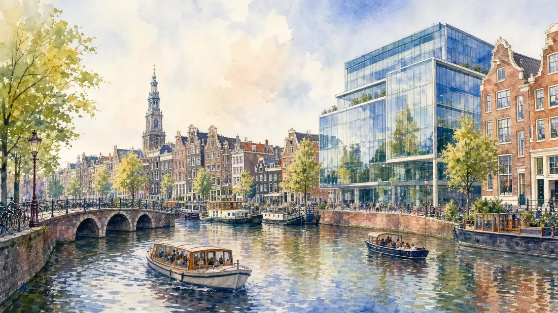 Aquarellmalerei von Amsterdamer Kanal mit modernem Glasbürogebäude im Hintergrund