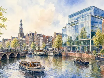 Koninklijke Philips N.V. (NL0000009538) prĂ€sentiert Amsterdam als Aquarell mit Kanal und modernem GlasbĂŒrogebĂ€ude - Foto: THN