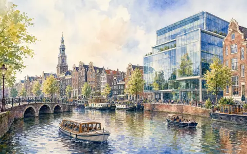 Koninklijke Philips N.V. (NL0000009538) präsentiert Amsterdam als Aquarell mit Kanal und modernem Glasbürogebäude - Foto: THN