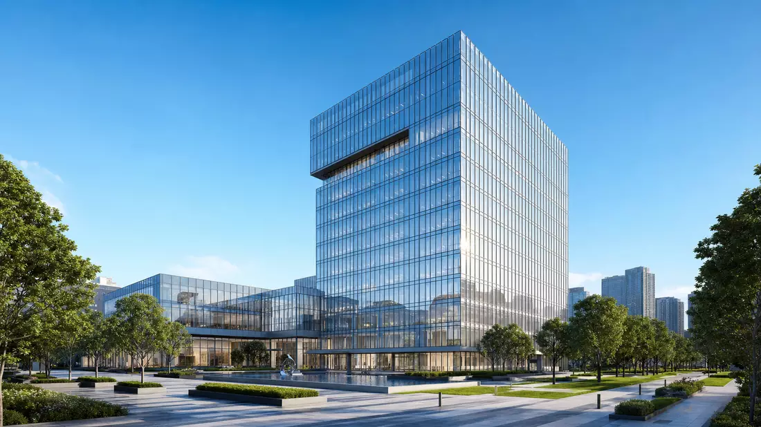 Architektur-Render eines modernen verglasten Bürohochhauses mit Grünanlage davor