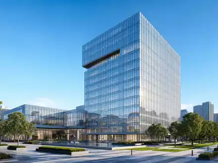 Koninklijke Philips N.V. (NL0000009538) visualisiert modernes Glashochhaus als Architektur-Render mit Grünanlage und spiegelnder Fassade - Foto: THN