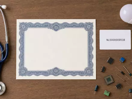 Koninklijke Philips N.V. (NL0000009538) inszeniert Flatlay mit Aktienzertifikat, ISIN-Karte, Stethoskop und Elektronikbauteilen auf Holztisch - Foto: THN