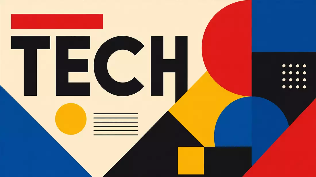Geometrisches Bauhaus-Poster mit Formen und Schriftzug TECH in Primärfarben