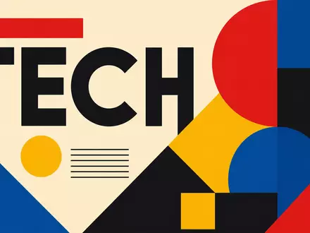 Koninklijke Philips N.V. (NL0000009538) inspiriert geometrisches Bauhaus-Poster mit Kreisen, Dreiecken und Sektor-Schriftzug TECH in Primärfarben - Foto: THN