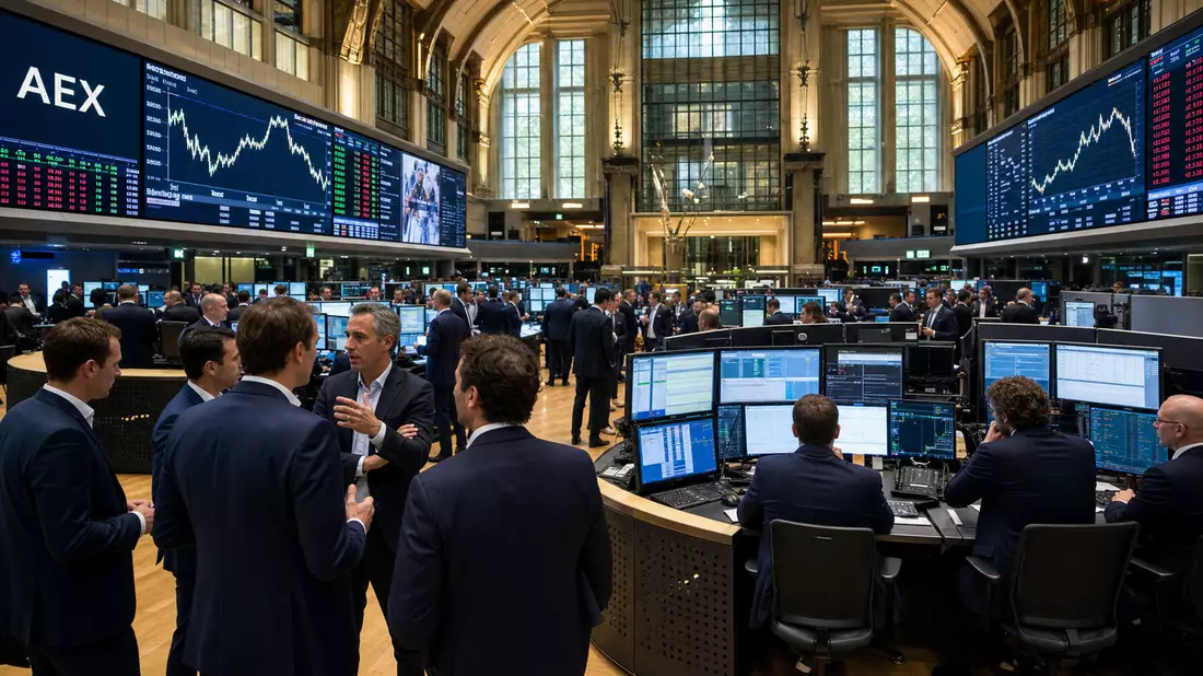 Börsen-Editorial mit AEX-Kurstafeln und Händlern auf geschäftigem Handelsparkett