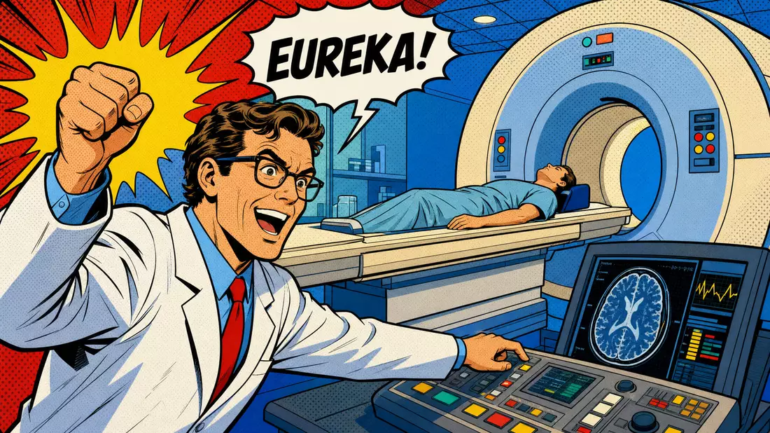 Pop-Art-Comic mit jubelndem Wissenschaftler an leuchtendem Medizinscanner-Gerät