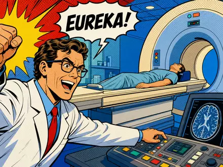 Koninklijke Philips N.V. (NL0000009538) inszeniert Pop-Art-Comic mit jubelndem Wissenschaftler an leuchtendem Medizinscanner mit Sprechblase - Foto: THN