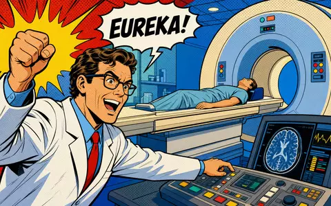 Koninklijke Philips N.V. (NL0000009538) inszeniert Pop-Art-Comic mit jubelndem Wissenschaftler an leuchtendem Medizinscanner mit Sprechblase - Foto: THN