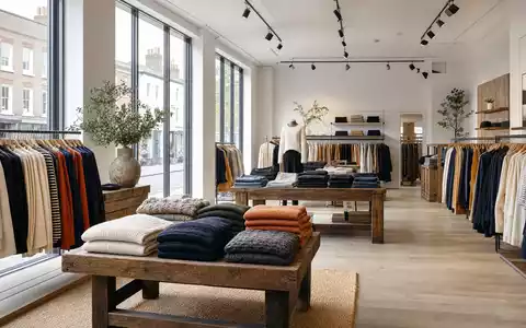 Next plc (GB0032089863): fotorealistisches modernes Modegeschäft mit ordentlich sortierten Kleiderständern und gefalteter Ware - Foto: THN