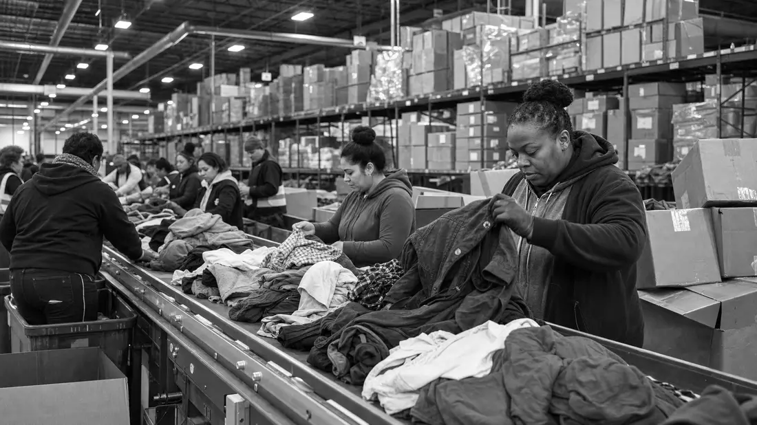 Schwarzweiß-Reportagefoto von Arbeitern in einem Textil-Distributionslager