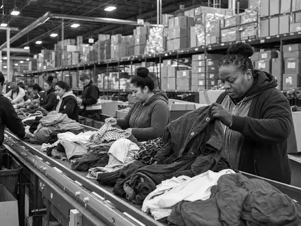 Next plc (GB0032089863): dokumentarische Schwarzweiß-Reportage aus einem großen Bekleidungs-Logistikzentrum mit fleißigen Mitarbeitern bei der Arbeit - Foto: THN