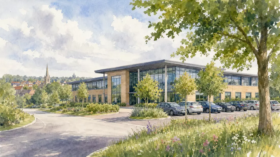 Aquarellbild eines modernen Bürogebäudes in einer englischen Kleinstadt bei Leicester
