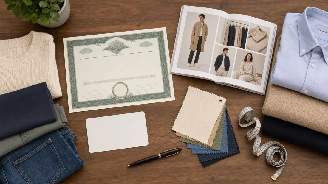 Flatlay mit Aktienzertifikat, ISIN-Karte und gefalteten Kleidungsstücken auf Holztisch
