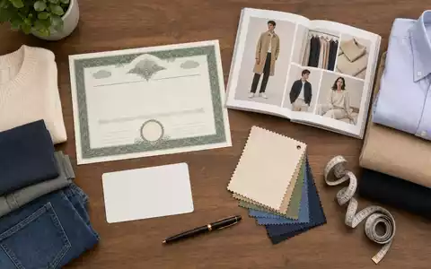 Next plc (GB0032089863): Flatlay mit Aktienzertifikat, ISIN-Karte, gefalteter Kleidung und Modekatalog auf Holztisch - Foto: THN
