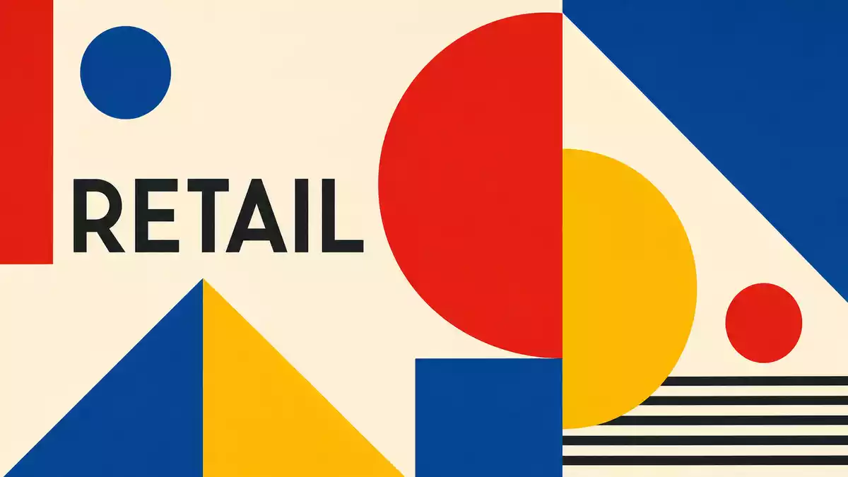Bauhaus-Poster mit geometrischen Formen und dem Wort RETAIL in klarer Typografie