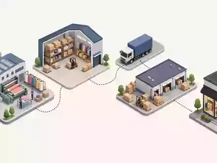 Next plc (GB0032089863): isometrische 3D-Illustration der gesamten Modehandel-Wertschöpfungskette von Textilfabrik bis zum Ladenlokal - Foto: THN