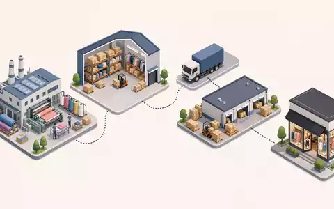 Next plc (GB0032089863): isometrische 3D-Illustration der gesamten Modehandel-Wertschöpfungskette von Textilfabrik bis zum Ladenlokal - Foto: THN