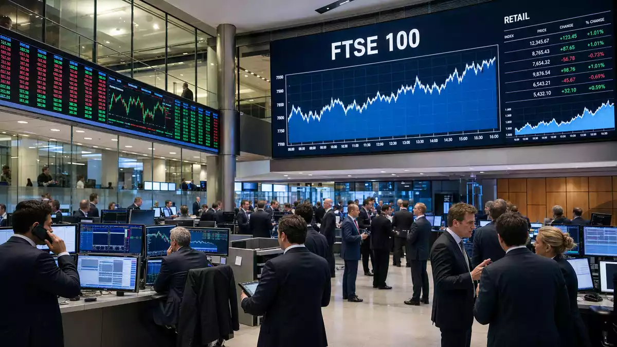 Editorialfoto vom Handelssaal der Londoner Börse mit FTSE 100 Kursanzeigen