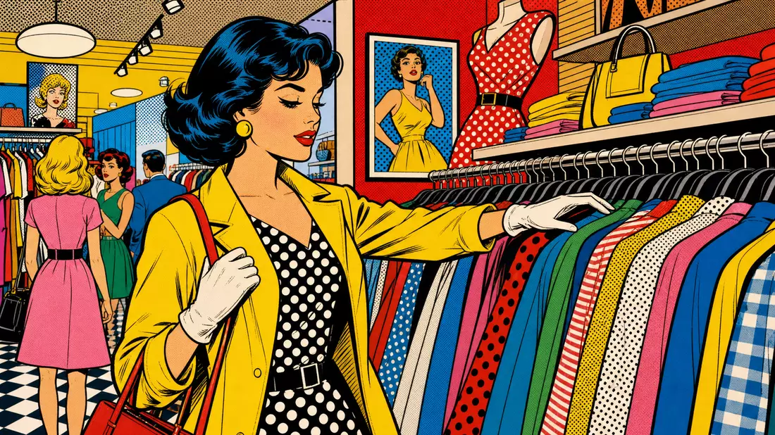 Pop-Art-Comic einer Frau beim Stöbern an bunten Kleiderständern im Modegeschäft