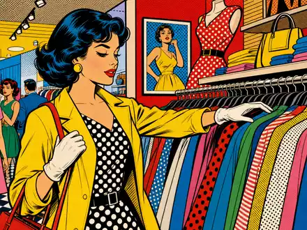 Next plc (GB0032089863): farbenfrohe Pop-Art-Comicszene einer Kundin beim Stöbern in bunten Kleiderregalen - Foto: THN