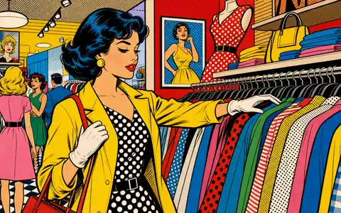 Next plc (GB0032089863): farbenfrohe Pop-Art-Comicszene einer Kundin beim Stöbern in bunten Kleiderregalen - Foto: THN