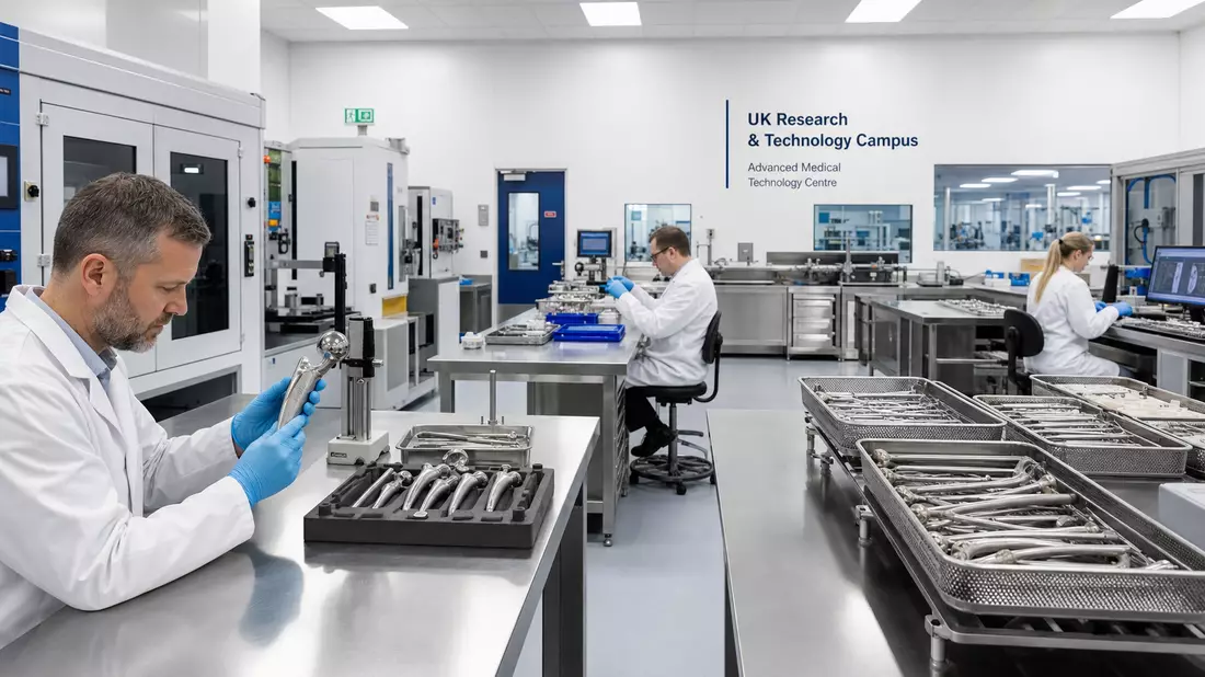 Techniker prüfen Implantate im sterilen Reinraum eines Medizintechnik-Werks