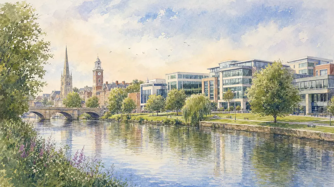 Aquarell einer britischen Flusspromenade mit Bürogebäuden und Kirchturm